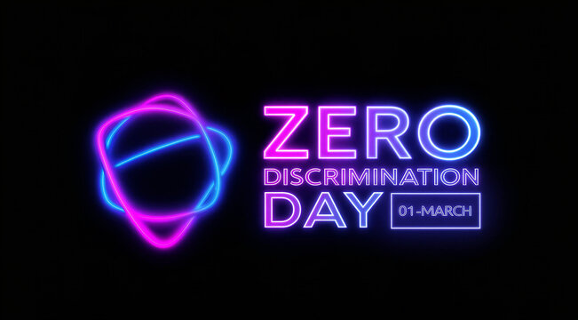 Bright neon zero discrimination day sign with glowing infinity symbol for awareness campaign event