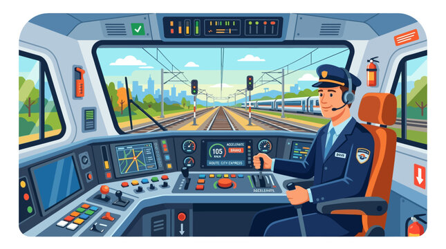 Train Driver Operating Modern Locomotive Control Panel.
