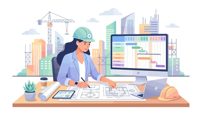 Woman architect working on blueprints at desk with computer.