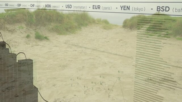 Clear finance chart forming over beach after thin rod tracing sand, showing rising bars, USD trends