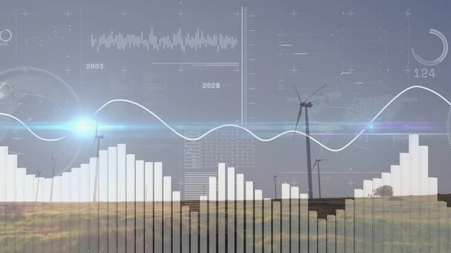 Vertical video: HUD fading in, overlays animating sine curve and bars showing turbine output trends