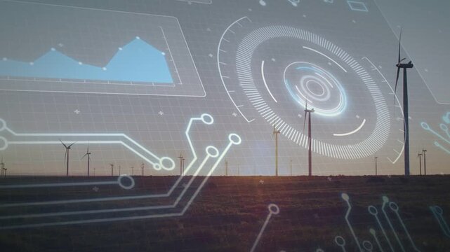 Sunset glow activating HUD UI, turbines rotating, radar growing, chart expanding visualizing power