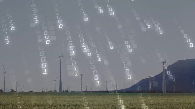 Faint binary streaks appearing high in sky, falling diagonally over turbines, showing digital rain