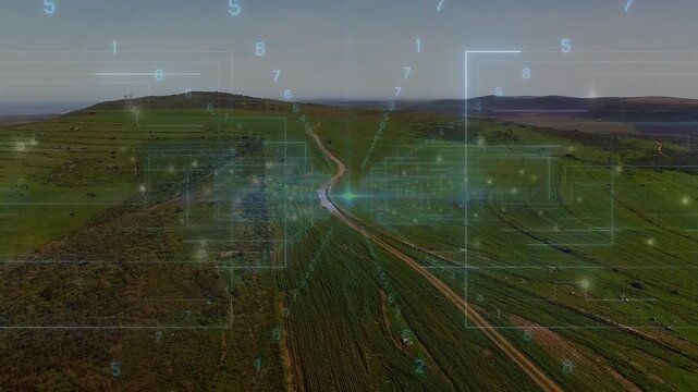 Vertical video: Camera shifting, initiating cyan HUD mapping over farm track, glowing node pulsing