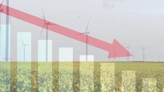 Bar chart appearing over turbines, bars animating and red arrow shifting, showing energy decline