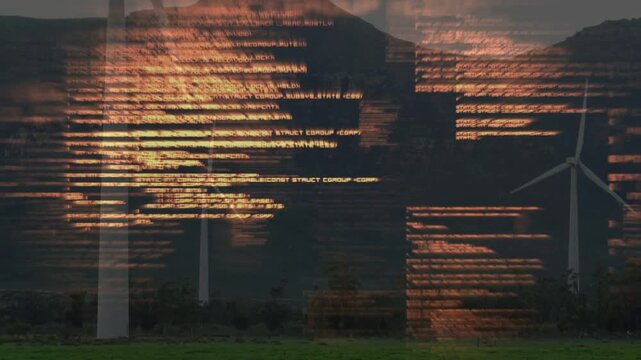 Frame-two amber overlay appearing, shifting, pulsing, smearing, splitting, revealing wind turbines