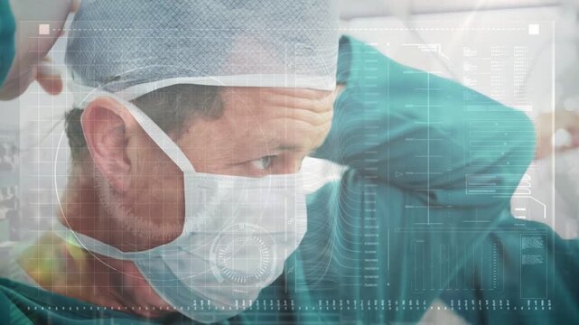 Surgeon and colleague preparing for surgery, adjusting mask and cap in OR, HUD overlay guiding fit