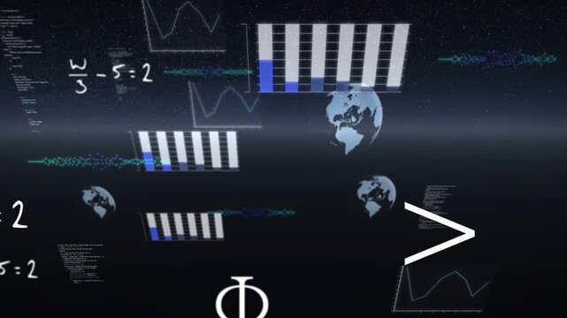Camera drifting forward revealing tech demo HUD with bars filling, globes growing, chalk math