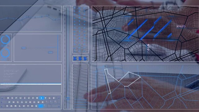 Vertical video: Two adults typing keys and making logistics HUD appear, updating map, route, charts