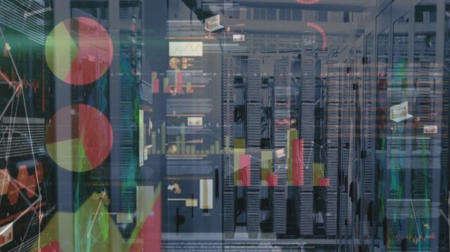 Translucent panels animating from left, sliding over racks, updating charts and monitoring load