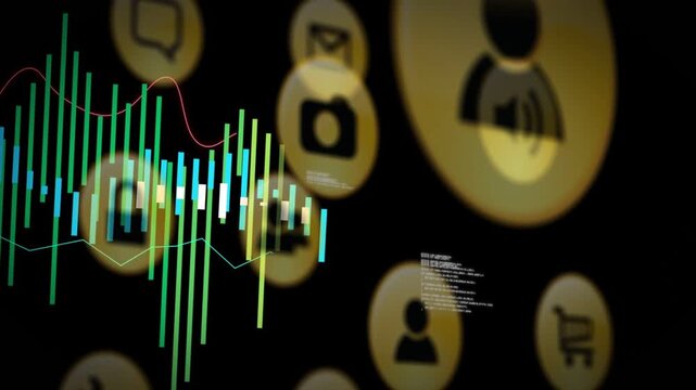 On fading in, multicolored equalizer bars moving center, fluctuating, emphasizing user metadata