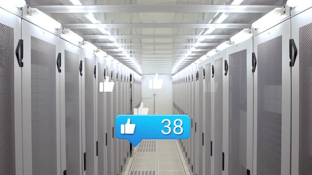 Blue bubble appearing in datacenter aisle, transforming into rising like counter showing engagement