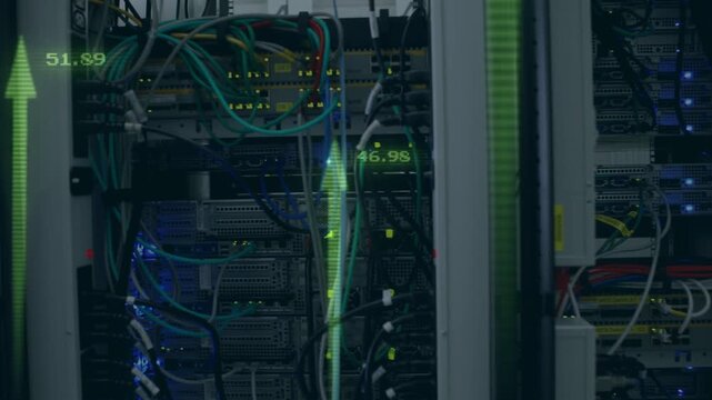 Vertical video: Tech monitoring sending metrics racks showing green arrows rising for performance