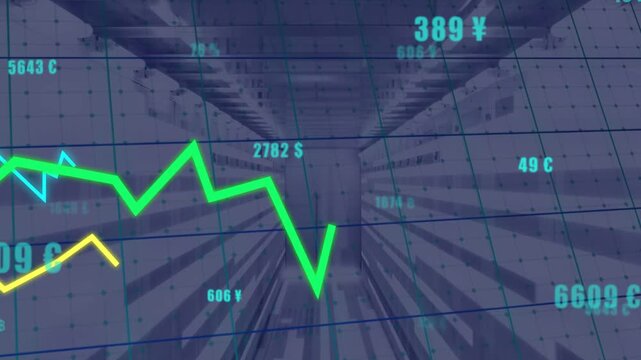 Numeric label 2173 C appearing in tunnel, animated finance graphs rising, visualizing market trends