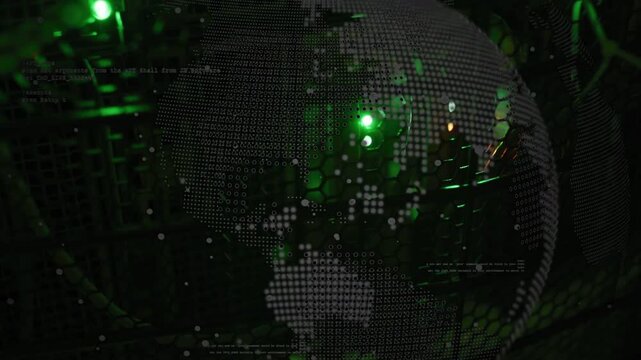 Green LED brightening, dotted globe overlay densifying and rotating, revealing server status