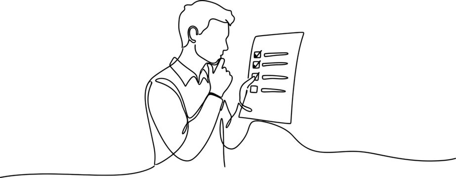 Man contemplating a checklist, continuous line drawing, concept of decision making