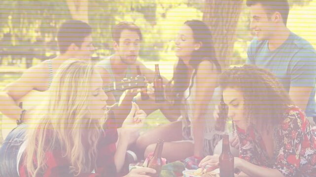 Six pals clinking bottles, chatting and sharing snacks, sparking animated notes over group for ads