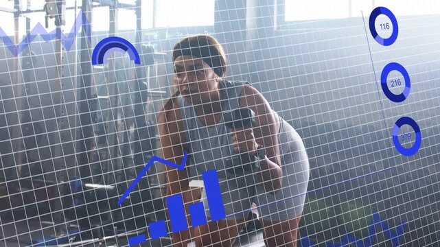 Vertical video: Woman bracing and lifting weight bent-over, HUD tracking reps and fitness metrics