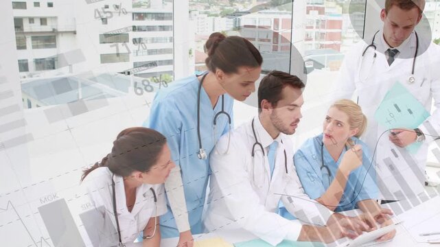 Vertical video: Medical team tapping tablet starting data review checking animated charts by window