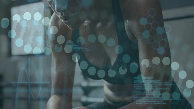 Woman post workout bracing breathing, wiping face while DNA helix and waveform data track recovery