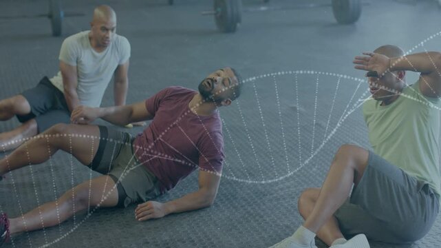 Maroon man propping lying and doing core training with particles rising DNA helix sweeping frame