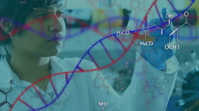 Lab tech seeing orange, lifting flask and checking clarity with DNA helix, formulas floating