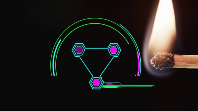 Matchhead igniting at right edge, flame rising, smoke curling left, neon HUD pulsing, tracking fire