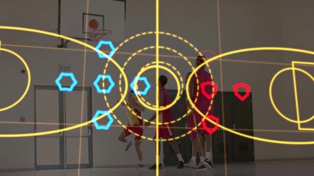Male player sprinting after ball, leaping to dunk in sports, pulsing lane grid marking attack