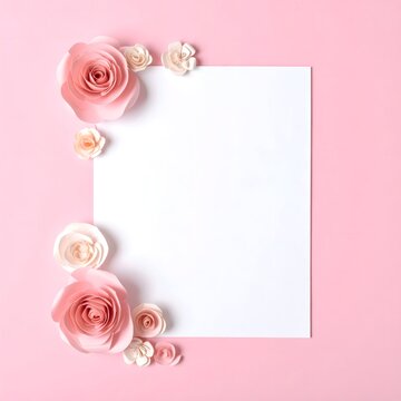 Pastel paper flower frame with blank white space on soft pink background