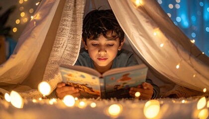 Child reading book under blanket fort with flashlight cozy bedtime imagination