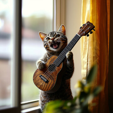 An enthusiastic tabby cat stands upright, singing loudly and strumming a ukulele by a window with warm yellow curtains