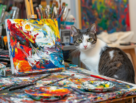 An artistic cat observes a vibrant, textured abstract painting on an easel amidst a paint-splattered studio table with brushes