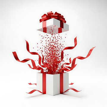 White gift box with red ribbons and confetti exploding