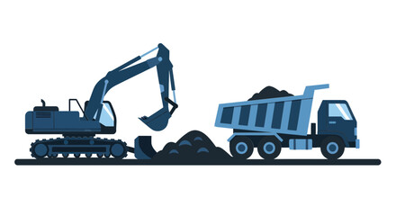 Excavator Loading Dirt into Dump Truck on White Background © mila