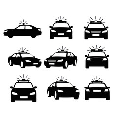 Police Car Icons Set - Black Silhouette on White Background © mila