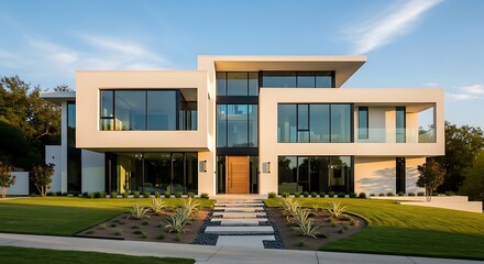 Fototapeta premium Modern luxury villa with minimalist architectural design, large glass windows, and a wooden front door, set in a landscaped garden with a stone pathway under a clear blue sky at sunset