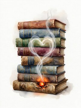 Stack of vintage books with glowing heart smoke and small flame, knowledge and passion concept, AI-generated conceptual illustration of learning, imagination, literature, and education symbolism