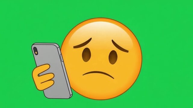 Sad Emoji Holding Smartphone on Green Screen 3D Animation