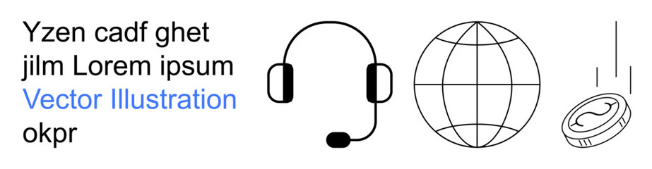 Obraz premium Customer support, financial services, global communication, ecommerce, currency transactions, online business. A headset, globe and coin communication. Customer support and financial services
