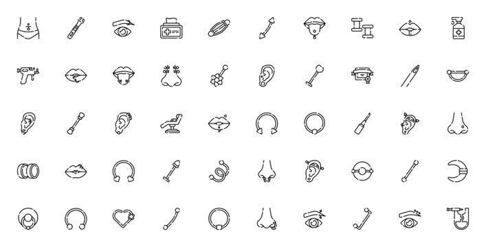 Piercing icon set. Body modification vector icons. Minimal line icons pack. Includes symbols for ear dilator, antiseptic, license, chair, face mask and more. Editable stroke.