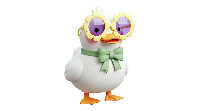 Cute Cartoon Duck Wearing Flower Sunglasses and Green Bow Tie