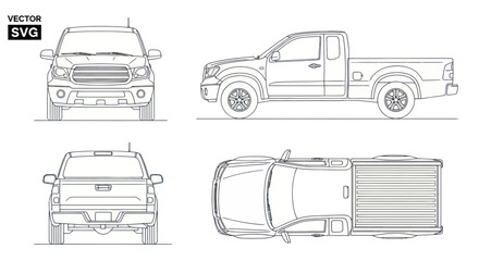 Pickup Truck Blueprint: Front, Side, Rear, and Top Views © mila