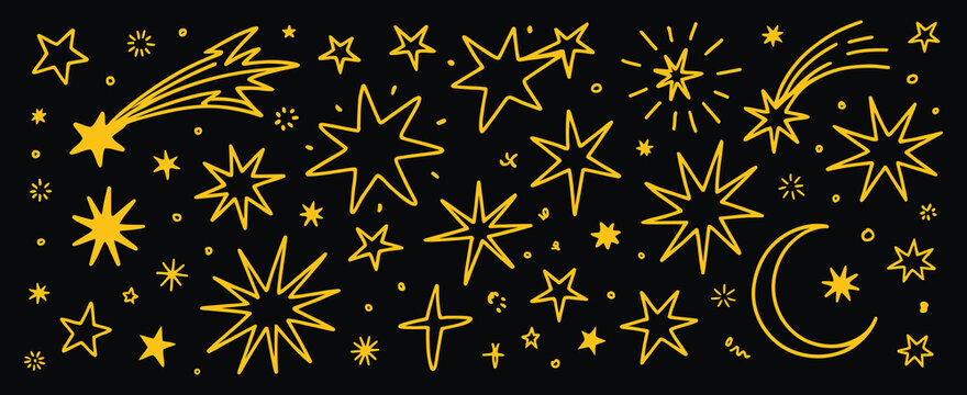 star gold sticker icon collage set, vector illustration, hand drawn sketch style, line brush and crayon texture, vintage background, cute kid magic twinkle sparkle, glowing stars, moon, and space .