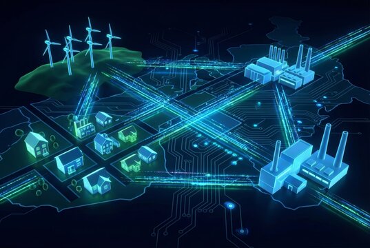 Global smart grid connectivity concept showing glowing power lines across a dark world map