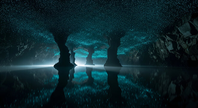 Stunning view inside a bioluminescent glowworm cave with reflections