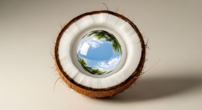 kelapa belah bola kaca langit biru awan pohon palem konsep liburan tropis pantai musim panas surealis eksotis resor wisata imajinasi optik perjalanan santai