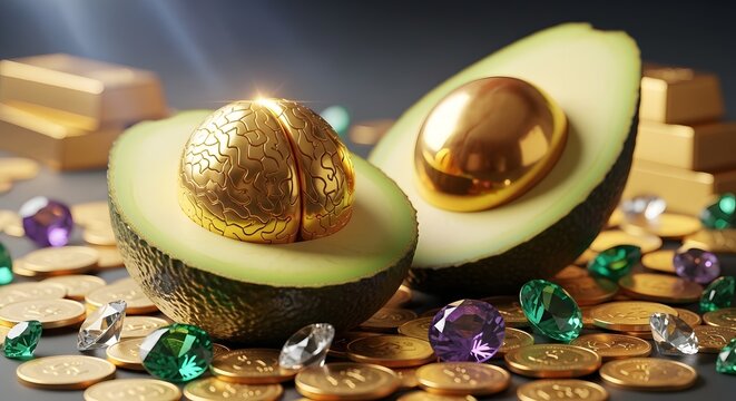 alpukat belah otak emas perhiasan koin berlian konsep nutrisi kecerdasan kesehatan mental investasi berharga kekayaan memori diet sehat bernilai