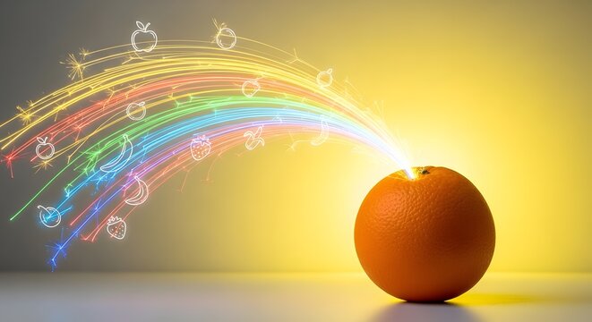 jeruk pancar pelangi garis cahaya ikon buah konsep ledakan vitamin energi kreatif nutrisi ajaib imajinasi gaya hidup magis