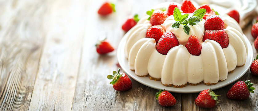 Beautiful cream dessert, fluted and topped with vibrant strawberries and fresh mint on a light wooden surface