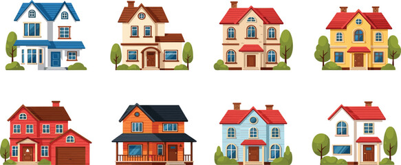 Fototapeta premium Suburban residential house vector set featuring diverse architectural styles, family homes with garages, and colorful property exteriors in flat minimalist style.